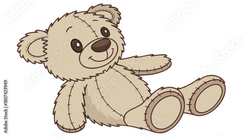 "A studio shot of a cute, fluffy, brown teddy bear sitting upright. The bear has a soft, textured brown fur, darker brown eyes, a small, dark brown nose, and a stitched smile. Its inner ears, snout, a