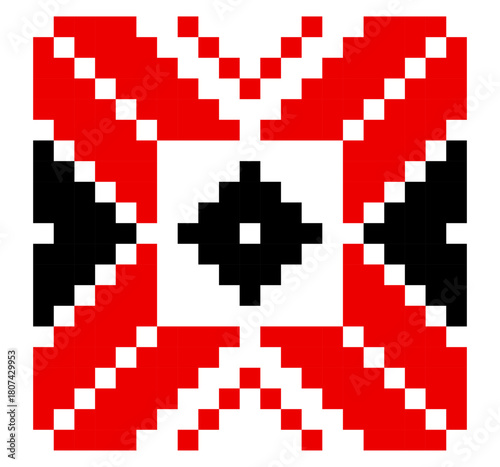 Traditional geometrical ornament isolated on white. Vyshyvanka icon. Cross stitch. Embroidery in black and red colors. Vector element for design. Folk pattern. Festive ornament