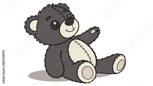 "A studio shot of a cute, fluffy, brown teddy bear sitting upright. The bear has a soft, textured brown fur, darker brown eyes, a small, dark brown nose, and a stitched smile. Its inner ears, snout, a
