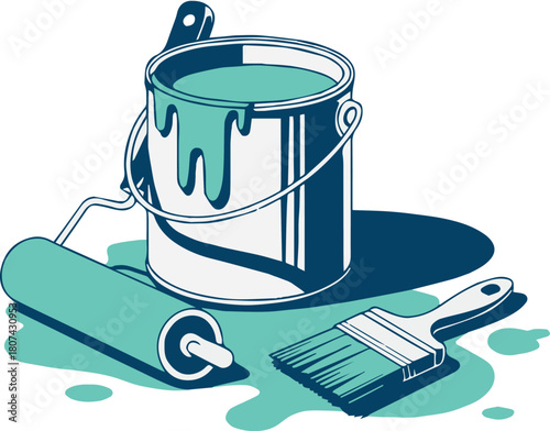 paint roller brush can with dripping teal spill vector