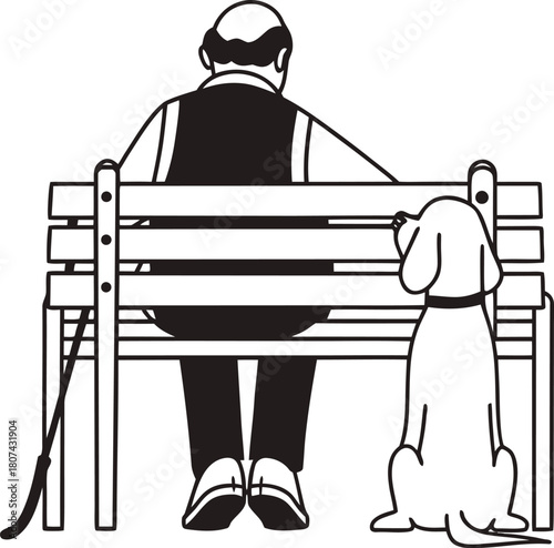 Elderly man and loyal dog sit together on a park bench