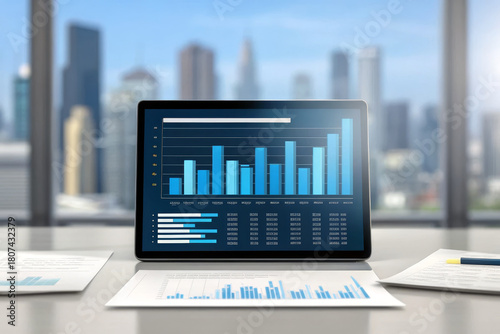Business analytics dashboard data chart bar graph growth report finance office laptop city daylight with calm focus on performance trends and metrics on screen in modern workplace setting
