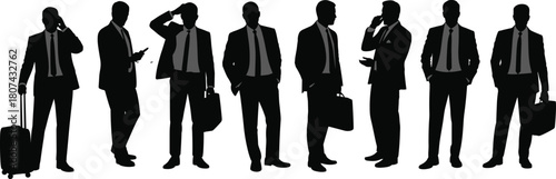 Silhouette businessmen standing and walking with briefcases, professional corporate poses illustration, communication and business travel concept depiction