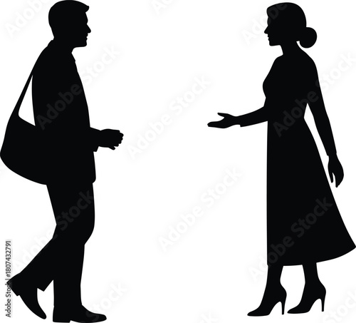 Silhouette man and woman talking, communication and discussion illustration, conversational interaction concept, social meeting scene depiction