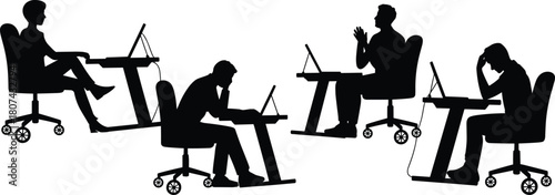 Silhouette office workers using laptops at desks, various work postures illustration, workplace stress concept, productivity and focus depiction