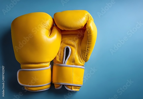 A pair of bright yellow boxing gloves resting on a solid blue background