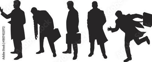 Silhouettes of businessmen standing, bending, walking, posing, and running with briefcases in various expressive action scenes