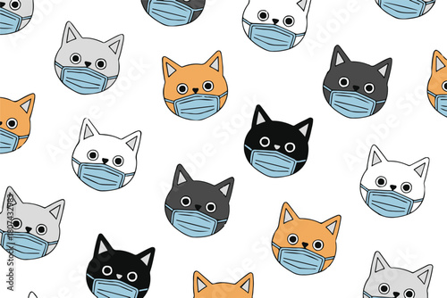 cat faces wearing surgical masks seamless pattern vector