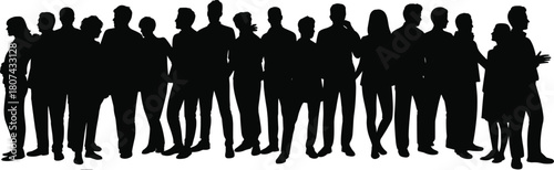 Silhouettes of diverse group of people standing together in a crowd, talking, interacting, and socializing in various poses