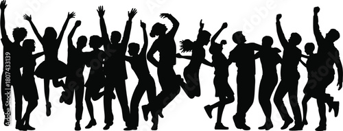 Silhouettes of joyful people jumping, dancing, celebrating, cheering, and moving energetically together in a large group scene