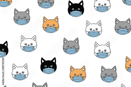 cat faces seamless vector pattern with surgical masks for backgrounds