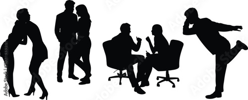 Silhouettes of people talking, whispering, arguing, discussing, and posing in various social interaction and communication scenes