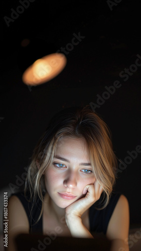 Sad young blonde woman reading on glowing smartphone screen in darkness covering face, despairing concept of cyberbullying or bad news with black background