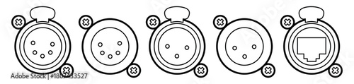 Minimalistic line-art set of circular stage-lighting connectors with screws, including DMX, XLR and power interface icons. Clean black-and-white technical illustration for lighting equipment diagrams 