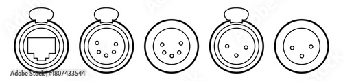 Minimalist line icons of Ethernet and XLR connectors in round housings. Clean black-and-white technical illustration set for lighting, audio, and stage equipment documentation or UI design.