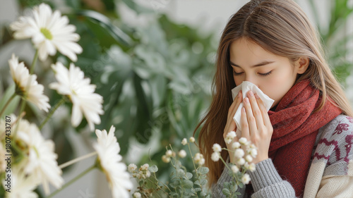 Woman blowing nose holding flowers with pollen allergy symptoms, sad expression wearing red scarf and purple sweater, natural light indoor lifestyle portrait with green plants