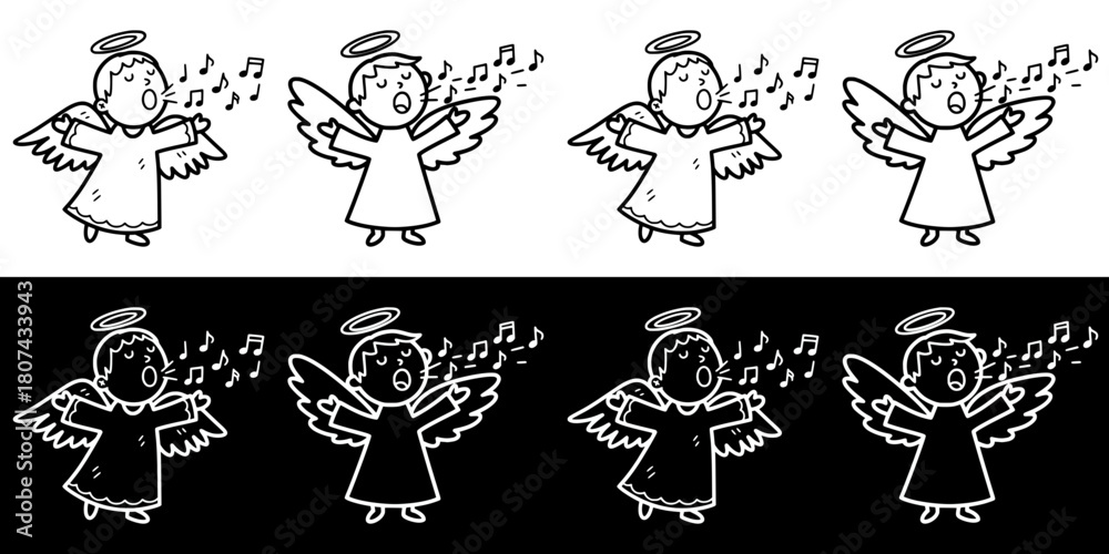 Fototapeta premium Singing angels with halos and wings for Catholic Christmas, seamless border, isolated vector image, two versions on transparent and black backgrounds, pencil drawing, chalk drawing