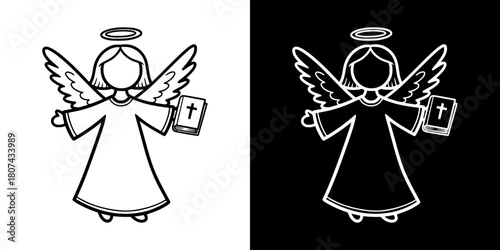 Angel holding a Bible with wings and halo, isolated vector image, two versions on transparent and black backgrounds, pencil drawing, chalk drawing
