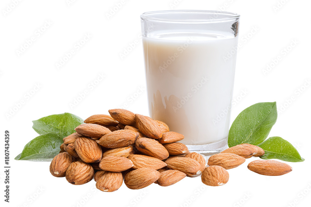 Ταπετσαρία Glass of almond milk with pile of almonds isolated on transparent background