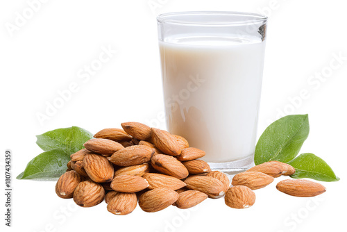 Photos Glass of almond milk with pile of almonds isolated on transparent background