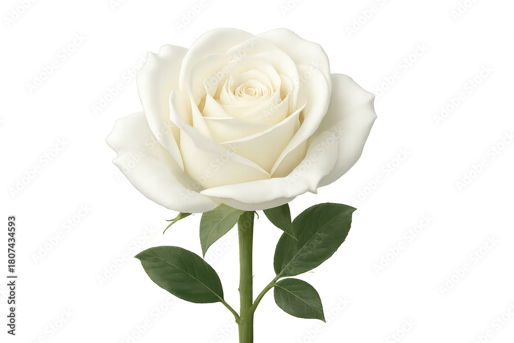Fototapeta premium White rose flower blooming, symbolizing purity, love, and elegance with a fresh green stem on a transparent background