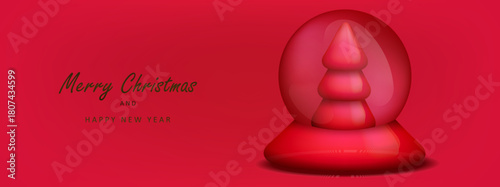 Merry Christmas red banner with glass transparent ball, 3d tree inside. Holiday vector card with realistic snowball.