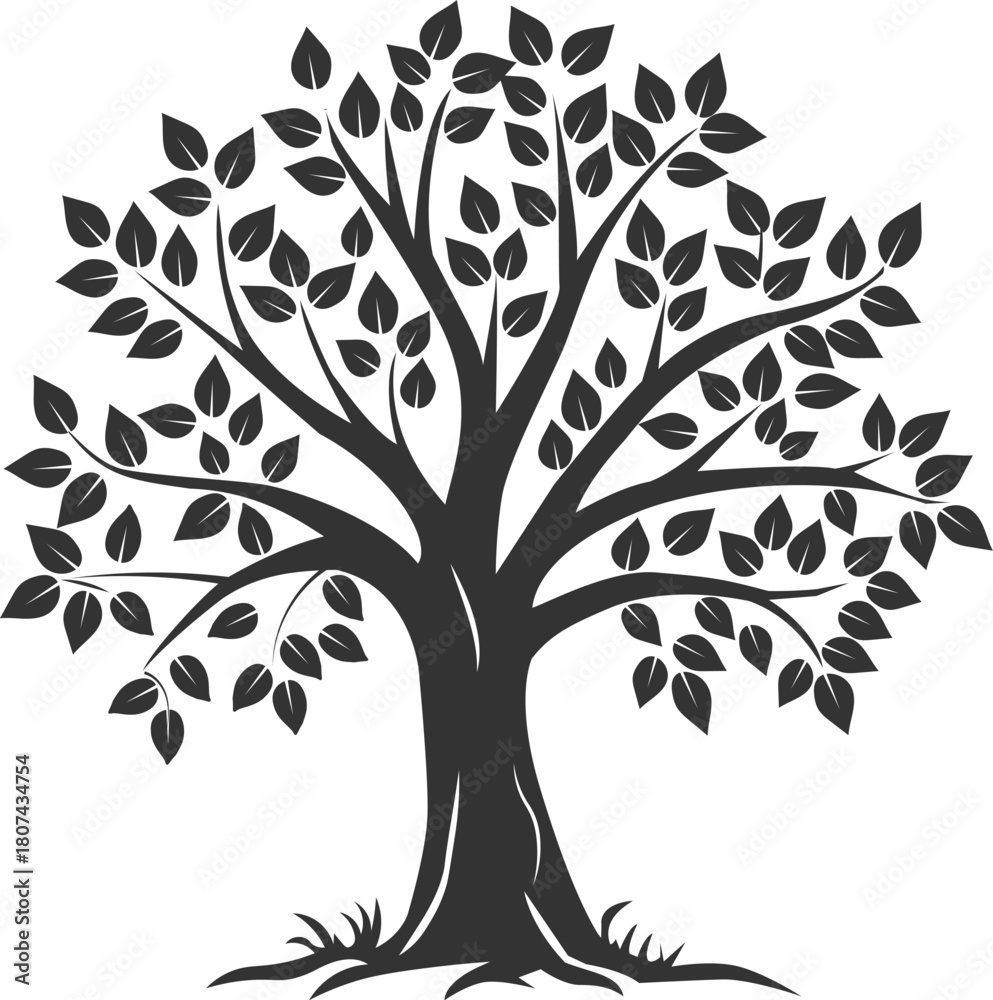 Obraz premium A bold and intricate black-and-white silhouette illustration of a lush, branching tree, symbolizing growth, life, and nature, isolated on a white background