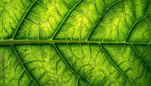 Intricate Green Leaf Vein Details Illuminated by Sunlight Macro Photography Close Up of a Translucent Leaf Detailed Surface Pattern Highlighting Plant Structure