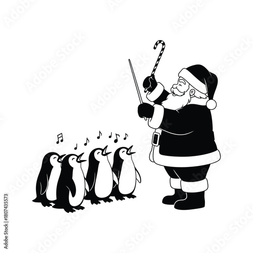 Monochrome illustration of Santa Claus conducting a group of singing Christmas carol penguins with a candy cane baton.