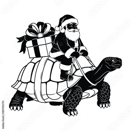 Humorous black and white vector illustration showing santa claus using a massive tortoise for his unconventional christmas delivery service.
