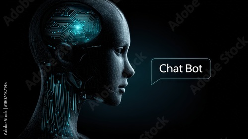 A digital illustration of an abstract AI robot head with glowing circuit patterns and the words 