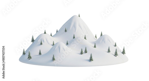 Snowy mountain landscape with fir trees isolated on transparent background