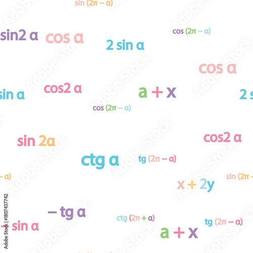 Seamless pattern with mathematical formulas and numbers. Algebra and geometry, calculations tangent, cotangent, sine, cosine.