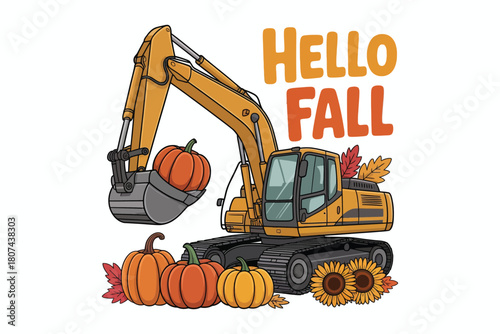 Excavator digging pumpkins with hello fall text and autumn leaves