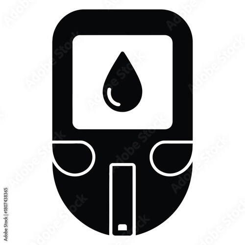 Black and white illustration of a glucometer with a blood drop on the screen isolated on white background