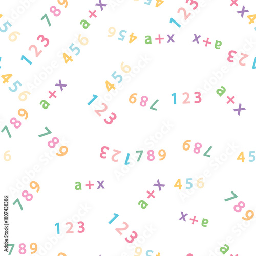 Seamless pattern with mathematical formulas and numbers. Algebra and geometry, calculations tangent, cotangent, sine, cosine.