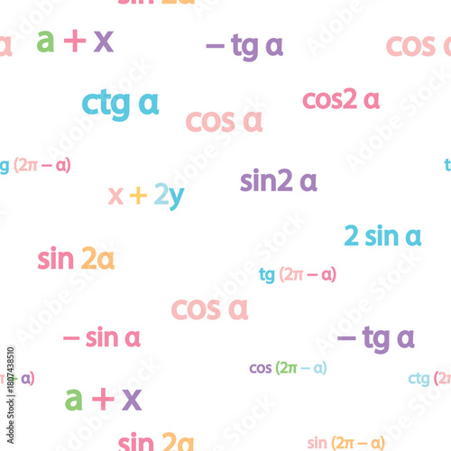Seamless pattern with mathematical formulas and numbers. Algebra and geometry, calculations tangent, cotangent, sine, cosine.