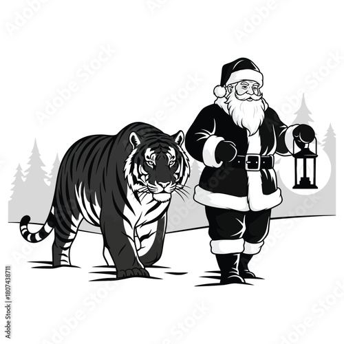 Santa claus in superhero cape flying with a magnificent owl over a winter forest silhouette vector illustration.