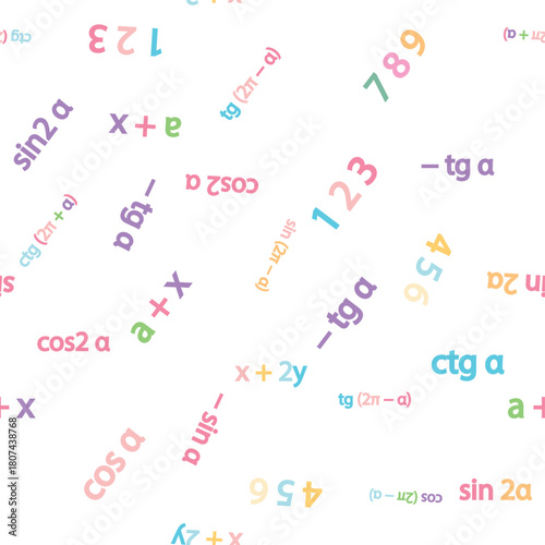 Seamless pattern with mathematical formulas and numbers. Algebra and geometry, calculations tangent, cotangent, sine, cosine.