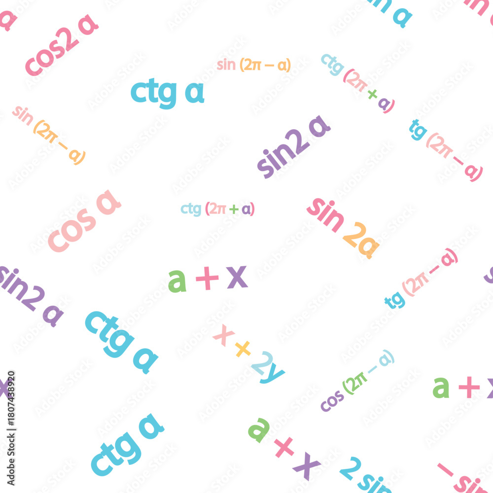 Obraz premium Seamless pattern with mathematical formulas and numbers. Algebra and geometry, calculations tangent, cotangent, sine, cosine.
