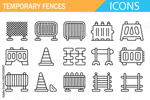 Collection of outline construction barriers, cones, and temporary fencing