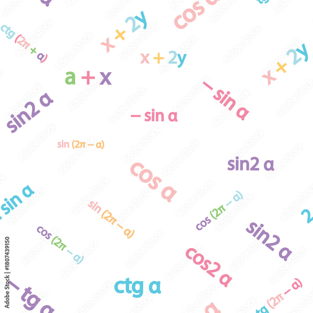 Obraz premium Seamless pattern with mathematical formulas and numbers. Algebra and geometry, calculations tangent, cotangent, sine, cosine.