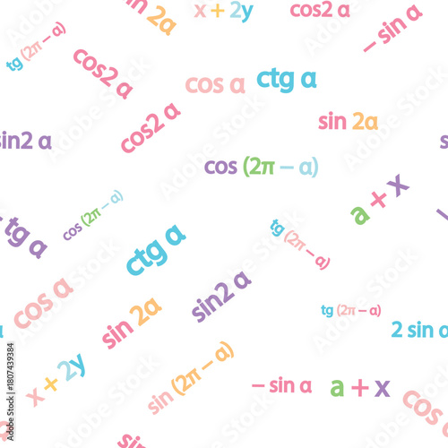 Seamless pattern with mathematical formulas and numbers. Algebra and geometry, calculations tangent, cotangent, sine, cosine.