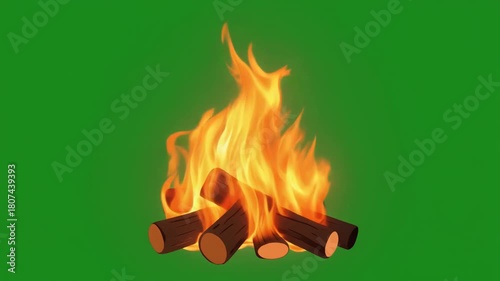 A vibrant bonfire with burning logs and bright orange flames against a solid green screen background.