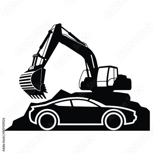 Excavator digging up a car buried in the ground isolated on white background heavy machinery concept design