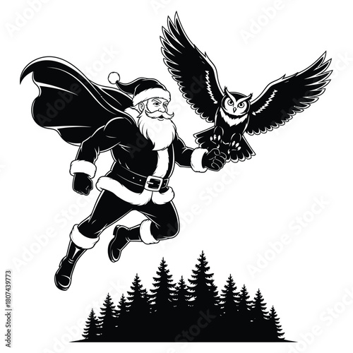 Santa claus leaping through the winter night sky with a watchful owl companion, a dynamic black and white holiday vector graphic.