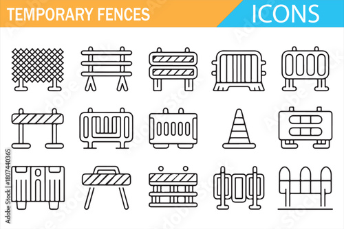 Set of temporary fence and barrier line icons including safety cones, roadblocks, construction barricades, mesh panels, and crowd control barriers for infrastructure, safety management, and constructi