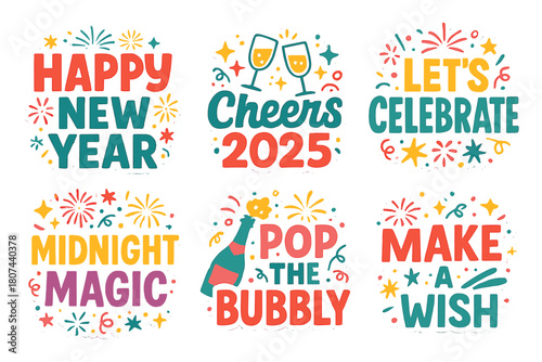 New year celebration flat icon set. featuring happy new year, cheers, let's celebrate, midnight magic, pop the bubbly, make a wish