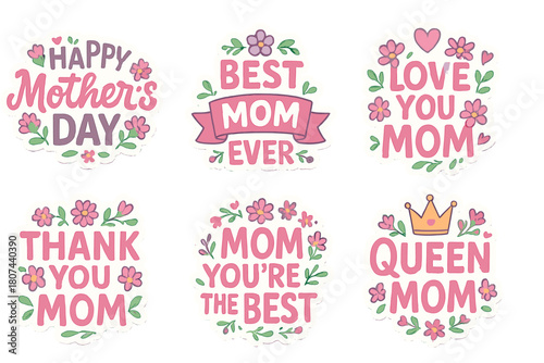 Mother's day flat icon set. featuring happy mother's day, best mom ever, love you mom, thank you mom, queen mom