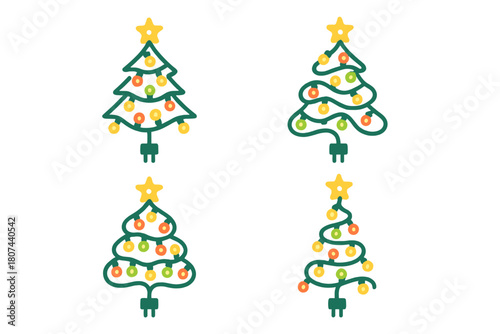 Christmas trees flat icon set. featuring lights, stars, spruce, plug, festive, and holiday symbols